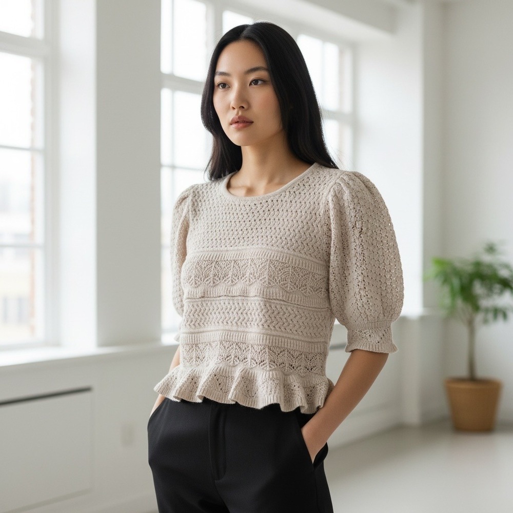 By Together Beige‎ Knit Puff Sleeve Peplum Sweater Top Size S